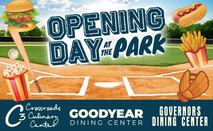 Opening Day at the Park. Crossroads Culinary Center (C3), Goodyear Dining Center, Governors Dining Center. Photos of a baseball field, and graphics of a burger, hot dog, fries, popcorn, and a baseball, a baseball bat, and baseball mitt.