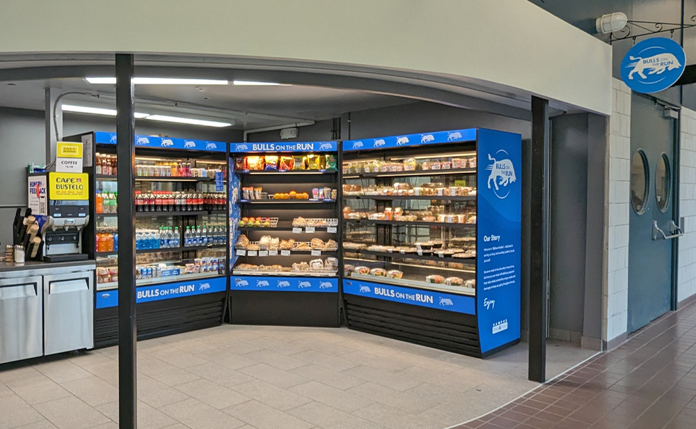 Bulls on the Run at NSC's Grab & Go shelving units