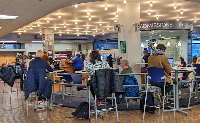 Seating area nearby Capen Café in Capen Hall near the Admissions Office