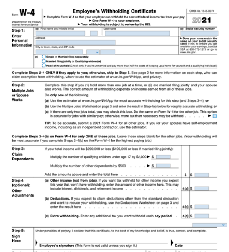 Withholding W4 form screenshot