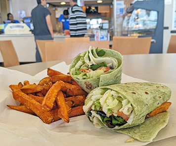 Veggie wrap and sweet potato fries