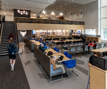 Multi-tiered seating area at One World Café