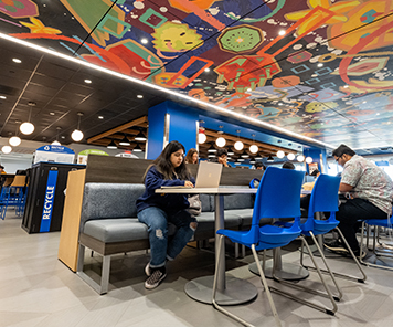 Student on computer in one of many seating areas at One World Café