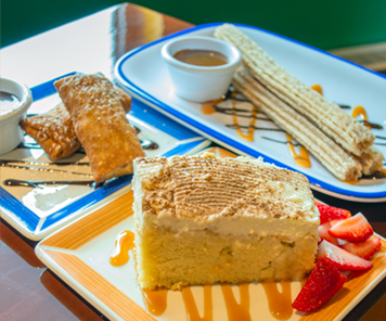 Trio of desserts: raspberry chimichanga, tres leches cake, churros