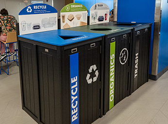R. O. T. (Recycle, Organics, Trash) stations at One World Café.