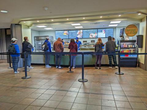 Students lining up at Wrap it Up in Ellicott Food Court.