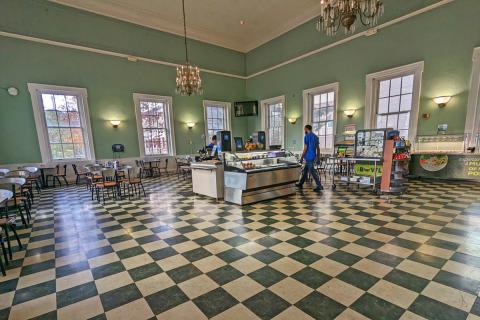 The inside seating area of Harriman Café.