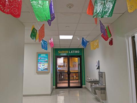 The entrance to Sabor Latino on the second floor of Student Union, past Bravo and Edgy.