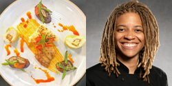 Chef Kaprishia's Southeast Coasts dish, alongside a portrait of her