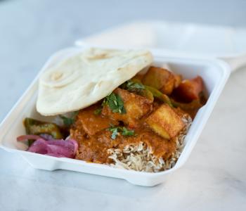 Paneer Tikka Masala with rice and naan