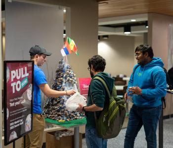 Students playing a game at the Soccer Event at Crossroads Culinary Center (C3) in Ellicott Complex on North Campus. Photographer: Onion Studio