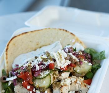 Chicken souvlaki pita from Kali Orexi. Photo by Onion Studio.