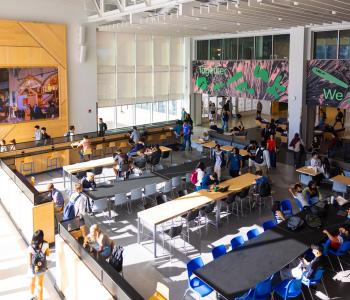 People gather to study, eat, and socialize at One World Café in Norton Hall. Photo by Douglas Levere.