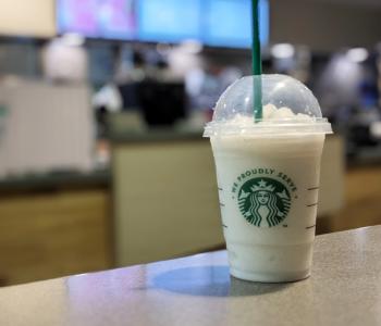A vanilla bean frappuccino® on the Perks waiting counter.