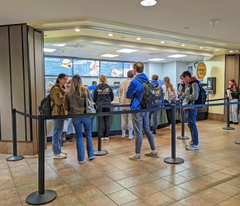 Students lining up at Wrap it Up in Ellicott Food Court.
