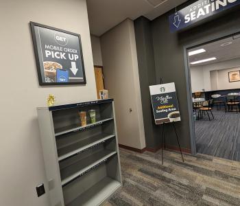 The mobile ordering pickup counter at Whispers Café at Abbott Library.