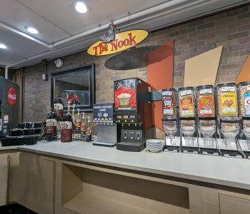 The Nook station at Governors Dining Center, which has plentiful beverage options and cereals.