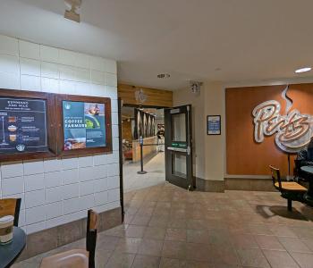 The outside entrance of Perks in Ellicott Complex's Food Court.