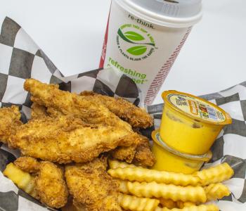 Chicken tenders with crinkle fries, two sauces and a fountain drink from Fowl Play.