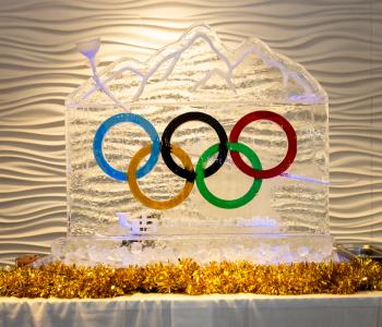 The Olympic ring ice sculpture luge that served a special mocktail drink at the event. Photo: Meredith Forrest Kulwicki