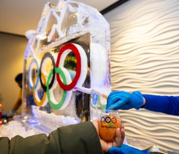 The Olympic ring ice sculpture luge that served a special mocktail drink at the event. Photo: Meredith Forrest Kulwicki